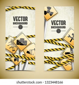 Vertical isolated textured industrial banners set with warnings signs and tapes on light background with dark corners flat vector illustration