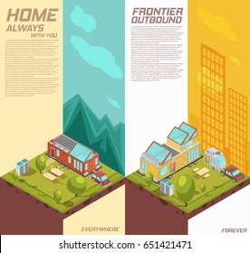 Vertical isometric banners with advertising of mobile house on background with mountains, city buildings isolated vector illustration 