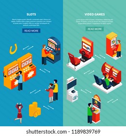 Vertical isometric banners set with people playing video casino racing shooter game machines 3d isolated vector illustration