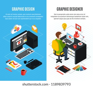 Vertical isometric banners set with tools for graphic design and designer at work 3d isolated vector illustration