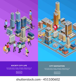  Vertical isometric city banners presenting society life and city navigation isolated vector illustration