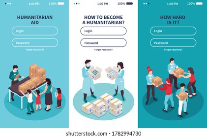 Vertical isometric icons set with login form and volunteers providing humanitarian support 3d isolated vector illustration
