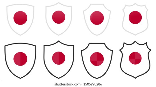 Vertical Japanese flag in shield shape, four 3d and simple versions. Japan icon / sign