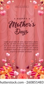 Vertical joyful Mothers Day greeting with a creative design featuring flowers, hearts, and gift boxes, set against a vibrant wooden pattern background. 