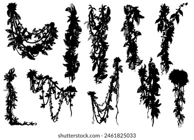 Vertical jungle tropical liana branch vines silhouettes, vector ivy plant leaves. Creeper tree hanging branches of jungle forest liana vines for frame borders or park and rainforest garden foliage