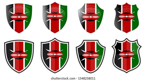 Vertical Kenya Flag In Shield Shape, Four 3d And Simple Versions. Kenyan Icon / Sign