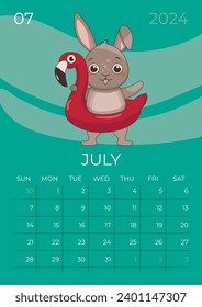 Vertical kid calendar 2024. Month of July. Hare holds an inflatable ring in the shape of a flamingo at his waist. A5 format. Vector graphic.