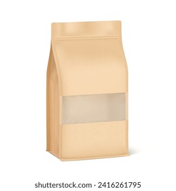 Vertical Kraft flat bottom gusset bag with zip lock mockup. Half side view.  Vector illustration isolated on white background. Ready for use in presentation, promo, advertising and more. EPS10.