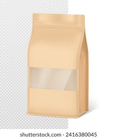 Vertical kraft flat bottom gusset bag with zip lock mockup. Half side view.  Vector illustration isolated on white background. Ready for use in presentation, promo, advertising and more. EPS10.