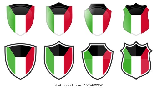 Vertical Kuwait flag in shield shape, four 3d and simple versions. 