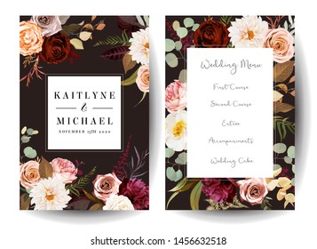 Vertical label dark frames of leaves and flowers. Rust orange rose, dahlia, peony, ranunculus, burgundy astilbe, fern, eucalyptus vector design. Masterpiece style. Autumn cards. Isolated and editable