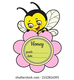 Vertical label design with bee and flower with space for honey variety and bottling date outlined for coloring page on white background
