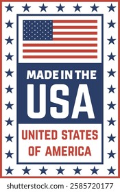 Vertical label featuring the American flag, the text Made in the USA and United States of America, and a decorative border of stars, evoking patriotism and American made products