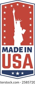 Vertical label featuring a made in the USA design, showcasing the silhouette of the Statue of Liberty surrounded by stars, celebrating American patriotism and national pride