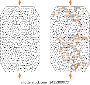 Vertical labyrinth of medium complexity with solution. Black and white complex maze with middle level of difficulty. Nice brainstorm puzzle for clever pupils or students