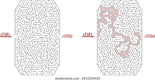 Vertical labyrinth of medium complexity with solution. Black and white complex maze with middle level of difficulty. Nice brainstorm puzzle for clever pupils or students