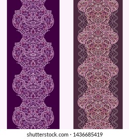 Vertical lace pattern with beads and ethnic elements. Vector set of 2. Burgundy background. Use for embroidery, braid, tape, ribbon.