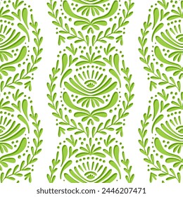 vertical lace type botanical style white monochrome seamless pattern on light green background