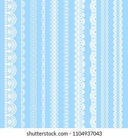 Vertical laces collection, white seamless borders for design. Light laced silhouettes isolated on blue. Vector decorative stripes stylized tapes