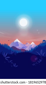 Vertical landscape background - Sun over mountains, nature and forest with blue and orange sky. Mobile wallpaper, daytime, morning and poster concept. Vector illustration.