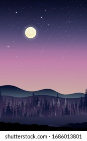 Vertical landscape full moon with shining stars and comet falling over misty pine trees in forest,Shooting star against dark blue starry night sky, Natural background for holiday card concept