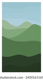 Paisaje de Vertical con colinas verdes y cielo azul. Paisaje natural de verano para las historias de los medios sociales y carteles. Hermosa vista mínima. Atractivo estético. Ilustración vectorial plana de color