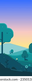 Vertical landscape illustration of dawn.  Vector illustration of dawn in flat style