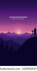 Vertical landscape silhouette illustration of a photographer shooting a sunset in the mountains. Nature illustration for poster with text. Poster design for photographers, travelers, bloggers.