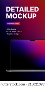 Vertical Laptop Mockup. Realistic Device Front View with blank Screen. Promo Presentation for New Technology, App, Ui. Vector illustration