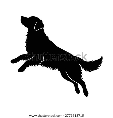 Vertical Launch Golden Retriever Silhouette, Centered Upward Jump on Square Canvas, Large Dominant Solid Black Mass with Tucked Paws and Elevated Snout.