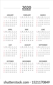 Vertical layout of 2020 calendar. Simple graphic in black and white colors. Sunday in red color. Template of calendar. Week starts on Sunday. Vector graphic.