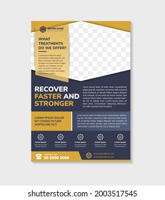 Vertical Layout Of Flyer Design Template For Recover Faster And Stronger. Hexagon Shape For Space For Photo. Gold Element. Dark Blue Background With Infographic Ornament.