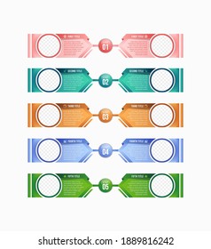 Vertical layout progress bar with 5 overlapped arrow-like elements. Concept of five steps of business strategy and development. Clean infographic design template. vector illustration for presentation.