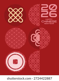 Diseño de Vertical que muestra varios motivos tradicionales chinos y texto del Año Nuevo 2026 Elegante composición en rojo y blanco con símbolos geométricos del zodiaco e íconos culturales