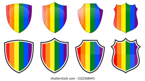 Vertical LBGT movement flag in shield shape, four 3d and simple versions. Diversity icon / sign