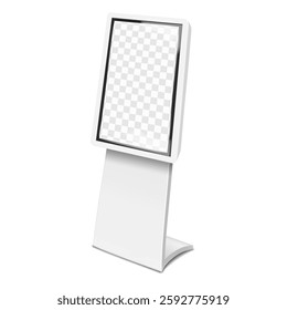 Vertical LCD monitor TV stand. 3d mockup. Video display banner or interactive touchscreen self-service kiosk with transparent LED screen on metal base. Realistic vector mock-up. Easy editable template