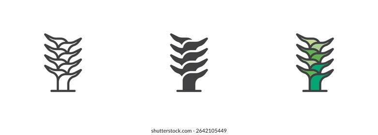 Vertical leaf stalk plant in line, solid and filled outline icon style. Vector nature symbol featuring tall symmetrical leaves. Decorative plant icon set.