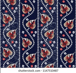 Vertical Leaves And Bandanna Pattern On Navy