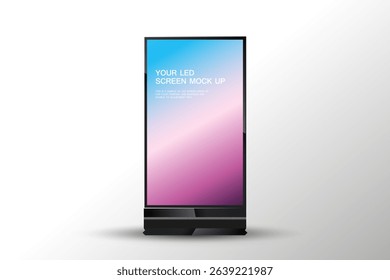 A vertical LED screen mock-up features a soft gradient background transitioning from blue to pink and deep violet tones. A Technology LED screen vector design