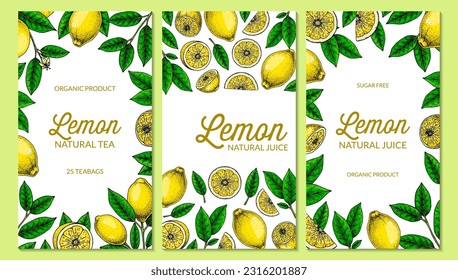 Vertikaler Zitronenhintergrund. Handgezeichnete bunter Vektorgrafik auf Skizzenstiel. Design für Verpackung, Einladung, Grußkarten