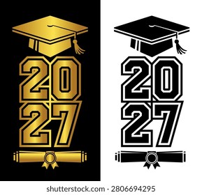 Vertical lettering Class of 2027 for greeting, invitation card. Text for graduation design, congratulation event, T-shirt, party, high school or college graduate. Illustration, vector on transparent and black background.