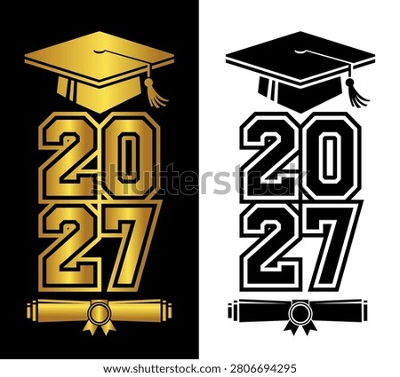 Vertical lettering Class of 2027 for greeting, invitation card. Text for graduation design, congratulation event, T-shirt, party, high school or college graduate. Illustration, vector on transparent and black background.