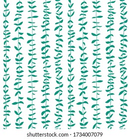 Vertical liana with leaves, seamless vector pattern. Nature simple print, cute branches design green elements on white background. For apparel, textile, fabric. EPS10