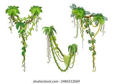 Vertical liana vines, tropical jungle forest branches. Cartoon vector Amazon rainforest tree plant thickets, forest climbing plants, green foliage. African flora spinney, tropic nature hanging roots