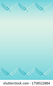 vertical light azure gradient copy space, background for text with floral ornaments at the top and bottom, with a border of turquoise and white twigs with shadow effect