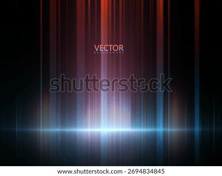 Vertical light beams with red and blue gradient falling on a dark stage. Futuristic luminous columns with soft haze and horizon glow for technology backgrounds and banners.