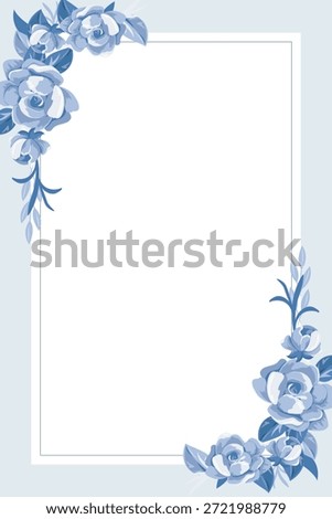 Vertical light blue background featuring monochromatic blue rose corner arrangements and a white rectangular frame for text copy space
