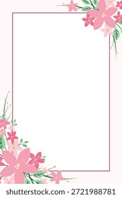 Fondo rosa claro de Vertical con arreglos de esquinas de flor de cerezo y un marco rectangular marrón delgado para espacio de copia de texto