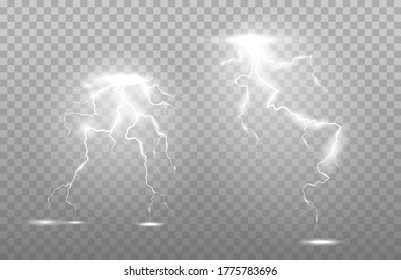 Vertical lightning bolts in the sky. Effect of glow and spark, vector art and illustration.