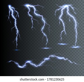 Vertical lightning bolts in the sky. Effect of glow and spark, vector thunder bolt